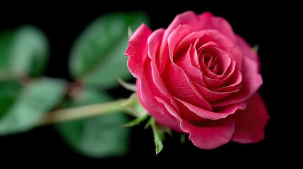 Close Up of a Vibrant Red Rose with Water Droplets on Black Background