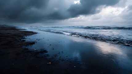 Dark stormy ocean waves crash onto a black sand beach under a heavy dramatic cloud filled sky