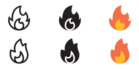 Fire icon collection. Fire flame symbol. Bonfire silhouette logotype. Flames symbols set flat style. Vector Illustration.