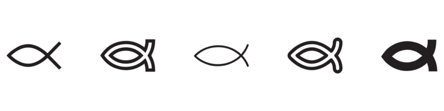 Christian fish icon. Sign of jesus. Logo of christianity. Religious symbol for faith, christ and bible. Black emblem of ictus for religion, god. Graphic design silhouettes on white background. EPS 10