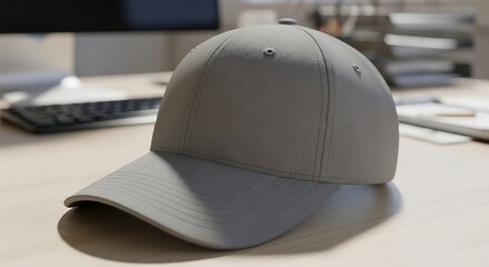 Neutral Gray Baseball Cap Sitting on Wooden Desk in Office Setting