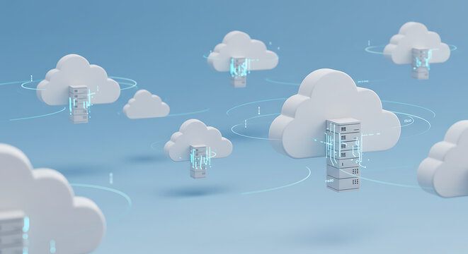 A panoramic 3D rendering depicting multiple stylized white clouds with connected server racks floating in a vibrant blue sky, symbolizing distributed cloud computing services.
