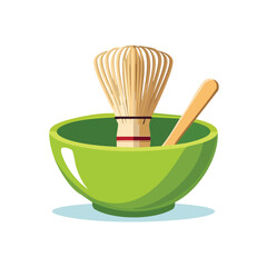 A green bowl with a bamboo whisk (chasen) for a Japanese matcha tea ceremony. A vector illustration for green tea and cultural concepts. Generative AI