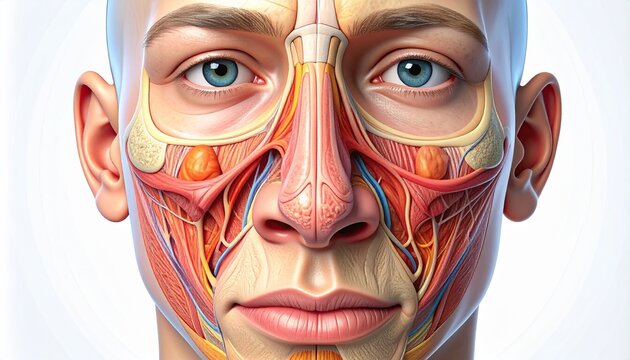 Detailed anatomical illustration of a human face, showcasing muscles, nerves, and underlying structures.
