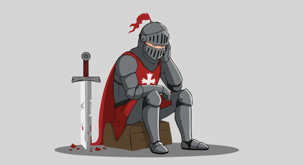 Weary knight sits with sword after battle reflecting on loss and sacrifice