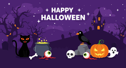 This vector illustration captures a spooky Halloween night with a cartoon pumpkin, haunted house, and crows against a dark moonlit autumn sky