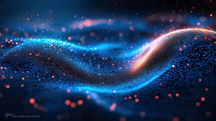 Abstract digital wave, glowing particles, dark background. Possible use Background image for technology, science, or abstract art projects