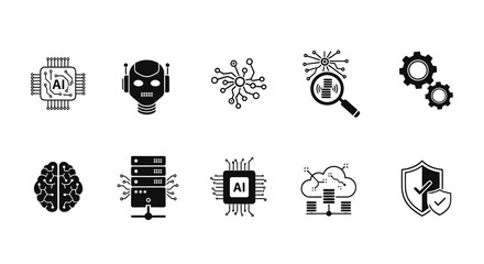 A collection of stylized AI and technology icons in a minimalist design. Featuring circuit boards, a robot head, and more. Vector illustration