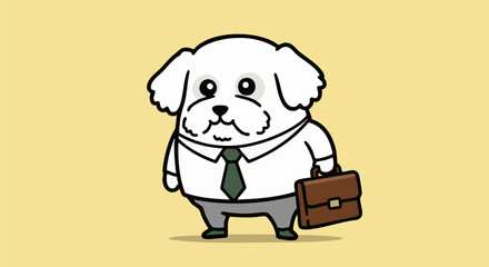 Cartoon dog dressed as a businessman holding a briefcase on a yellow background