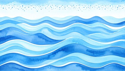 Watercolour painting of blue ocean waves flowing under a clear sky, watery aesthetic