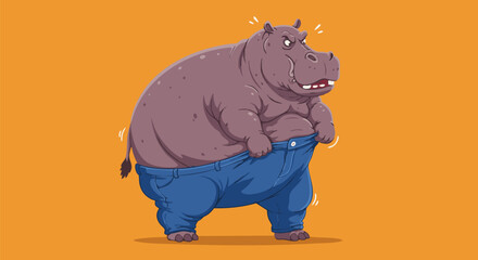 Cartoon hippopotamus struggles to pull up tootight jeans on a bright orange background
