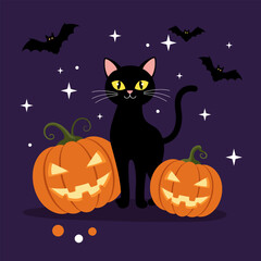 A black cat, scary pumpkin head, and bats, halloween character theme vector illustration