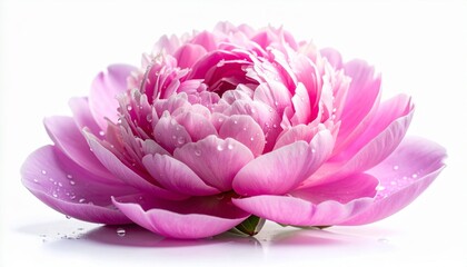 Close-up of a blooming pink peony flower with delicate petals and water droplets against a white background.
