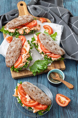 rye bread sandwiches with grilled salmon, veggies