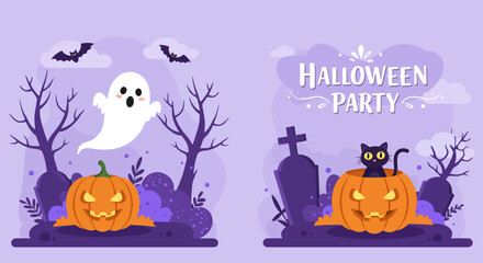 Celebrating halloween party with ghost and black cat