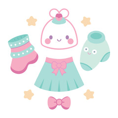 Adorable kawaii style baby girl outfit with cute face hat frilly skirt striped socks and matching bow perfect for newborn photography and children s apparel design