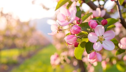 Pink & white blossoms on a branch against a blurred background, sunlight pouring through