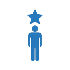 A simple blue icon of a person with a star above their head, symbolizing success, achievement, or VIP status.