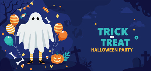 A cartoon illustration of a man wearing ghost costume in spooky halloween night