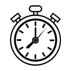 Simple black and white line art illustration of a classic stopwatch showing a specific time