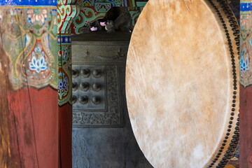 old drum and bell at the Buddhist temple