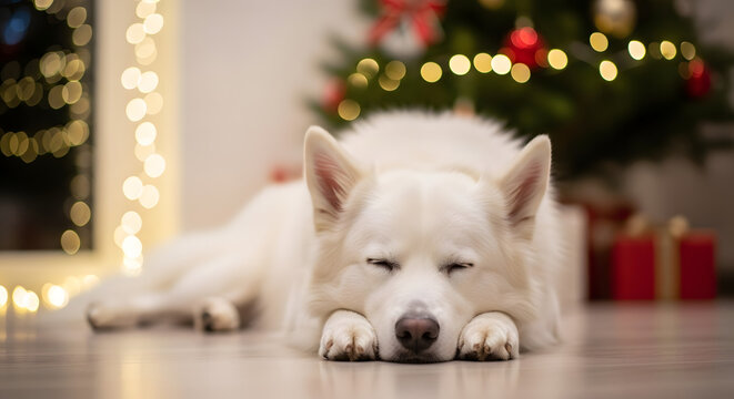 White Dog Sleeping by Christmas Tree with Holiday Lights.