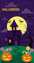 A spooky cartoon Halloween night silhouette of a haunted house and pumpkin under a dark moon on a hill with bats and a scary tree illustration