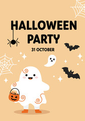 Invitation halloween party with ghost, bats, spider, and spider web