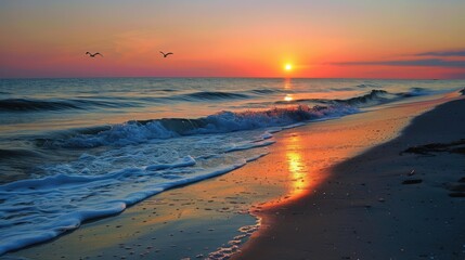 Sunrise & Sunset Coastal Landscapes: Orange/Red Sky Reflections, Blue Ocean Waves & Summer Beach Vistas
