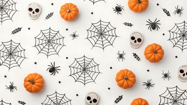 Minimal Halloween Pattern with Skulls, Spiders, Webs, and Pumpkins on White Background,Simple Halloween Seamless Pattern with Tiny Pumpkins, Skulls, and Spooky Spider Webs - Powered by Adobe