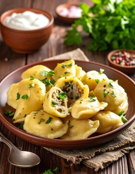 Pierogi on rustic plate