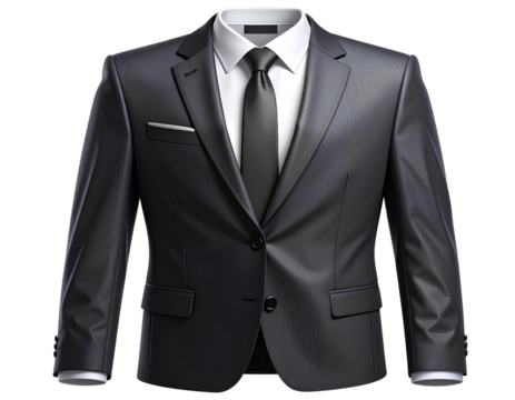 Classic Black Suit Jacket with White Shirt and Necktie, Identification Photo Style, Transparent Background