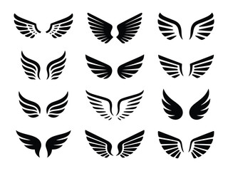 Decorative flying wings emblem, isolated vector icons of angel wings and eagle stencil symbols
