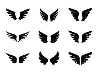 Silhouette pair of wings icon, angel and eagle wing vector bundle for logo and tattoo design