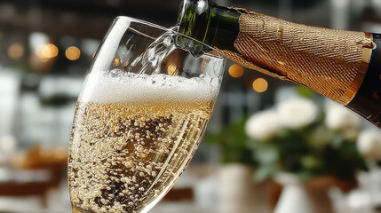 A hand pours sparkling champagne into a glass, capturing the bubbles and effervescence in a stylish setting with blurred background lights