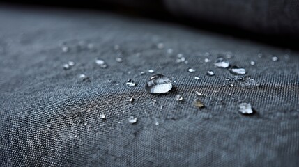 Water drops rest on waterproof textile sofa material Waterproof fabric ensures moisture resistance and durability