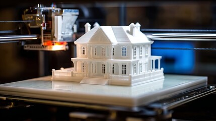 White plastic model produced on working 3D printer Additive technology forms prototype