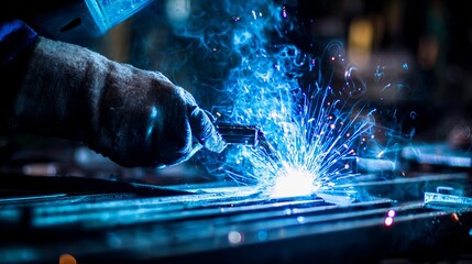 Worker welding metal with machine in workshop Blue sparks highlight industrial fabrication process