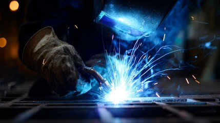 Worker welding metal with machine in workshop Blue sparks highlight industrial fabrication process