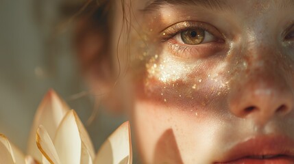 Close-up portrait of woman with glowing skin, golden shimmer, and lotus flower in soft natural light