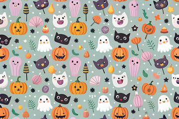 Obraz premium Spooky Cute Halloween Icons Pattern