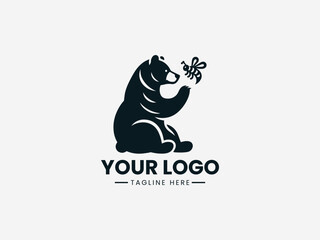 Friendly bear and honey bee vector logo with honey pot for organic food company branding