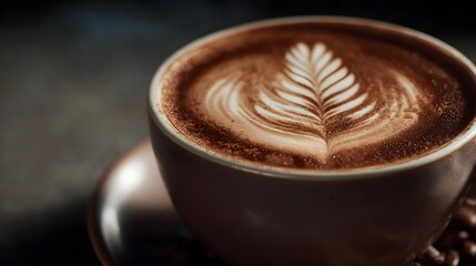 A close up of expertly crafted latte art in a warm brown coffee cup featuring a delicate leaf pattern