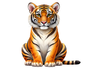 Fototapeta premium Cute Cartoon Tiger Sitting with Big Eyes, Children’s Animal Character PNG