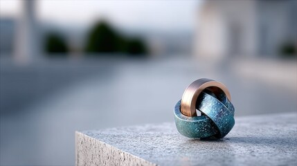 Intertwined Bronze Knot Sculpture with Metallic Blue Accents Outdoors on Concrete Surface