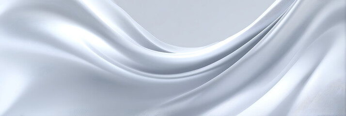 An elegant, flowing abstract background of soft white and silver fabric or liquid waves, creating a luxurious, smooth texture with gentle curves and subtle highlights.
