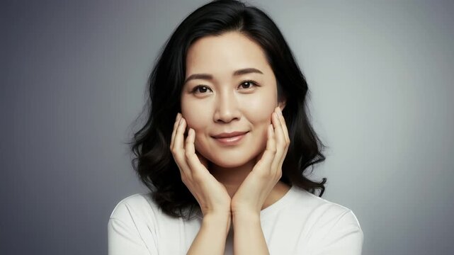Woman touching her face in a studio with soft lighting