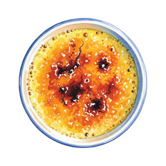 Watercolor Vector Crème Brûlée Dessert Illustration with Caramelized Sugar Topping Isolated on White Background