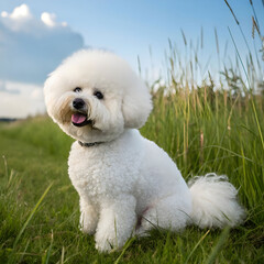 A Bichon Frise, small fluffy white dog breed, known for cheerful personality, playful nature, hypoallergenic coat
