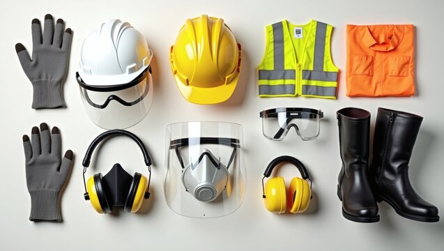 a safety set of essential protective equipment neatly arranged on display. Safety glasses, helmet, ear protection, gloves, vest, and boots